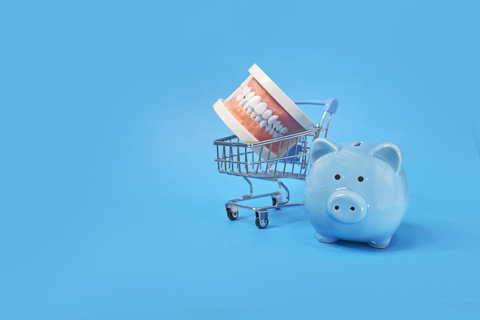 A piggy bank next to a miniature shopping cart with dentures on a blue background, representing dental expenses at an affordable Dallas dentist.