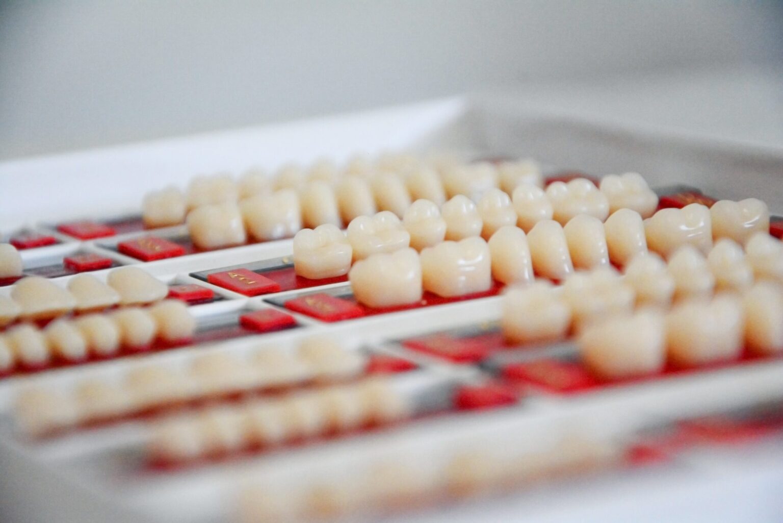 A dental shade guide used by a Dallas dentist, displaying various shades of prosthetic teeth for color matching.
