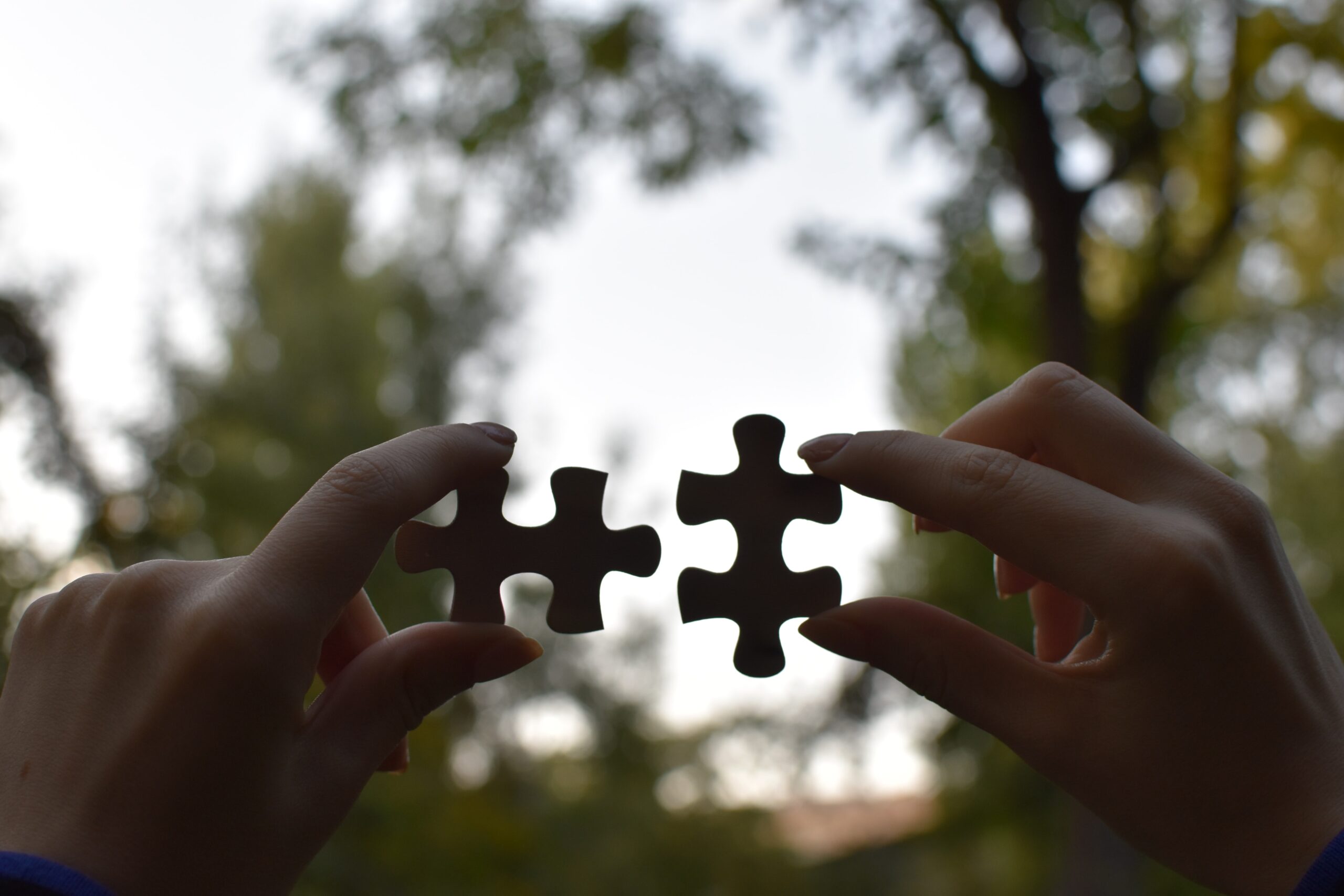 Two hands holding separate jigsaw puzzle pieces against a blurred natural background, symbolizing the search for an affordable Dallas dentist.
