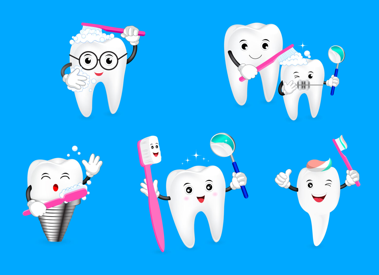 A collection of cartoon teeth characters engaging in various dental hygiene activities such as brushing, flossing, and rinsing against a blue background at a Dallas dental clinic.