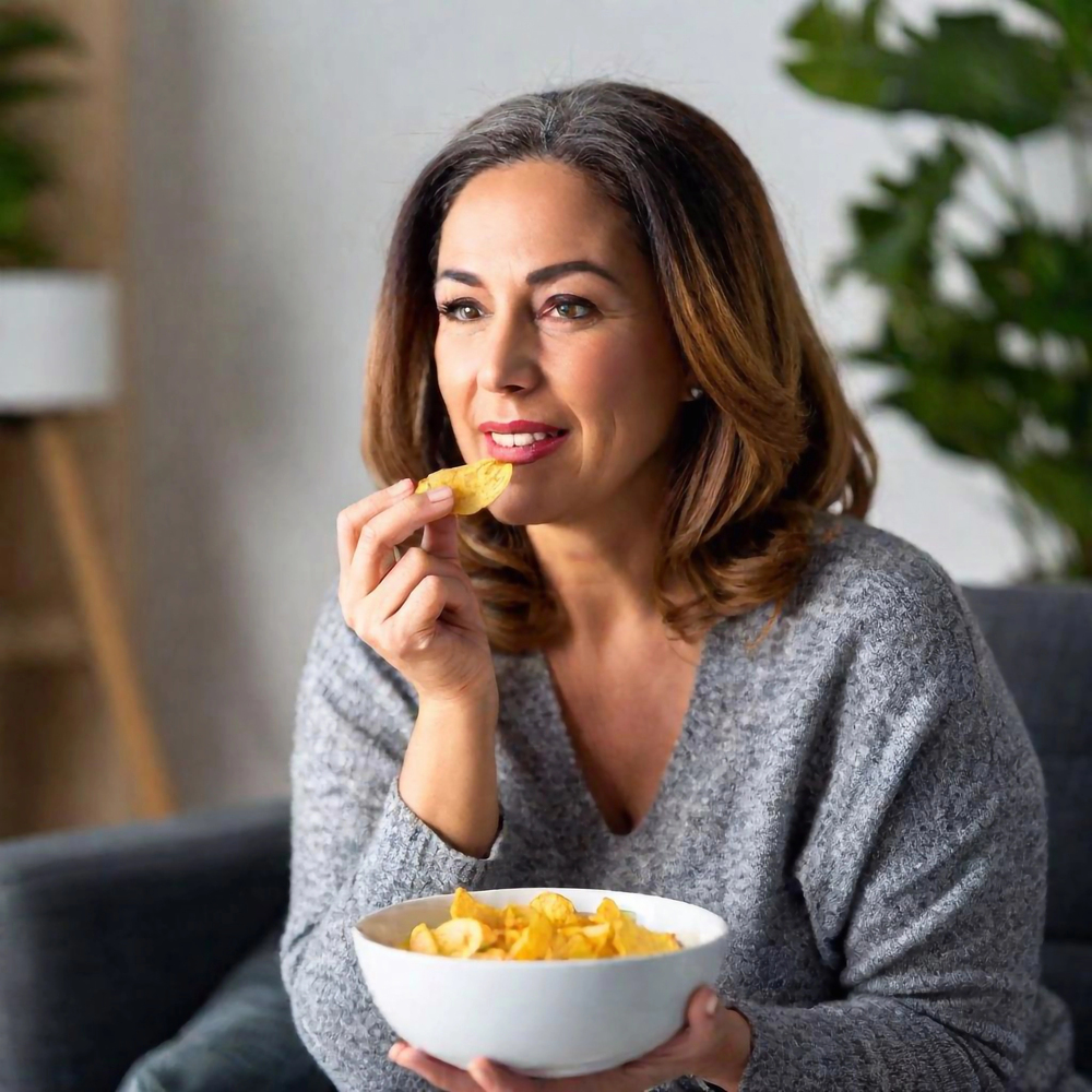 A woman with shoulder-length brown hair sits on a couch, smiling and holding a white bowl of potato chips. She is wearing a gray sweater, and there are green plants in the background, creating a cozy atmosphere.
