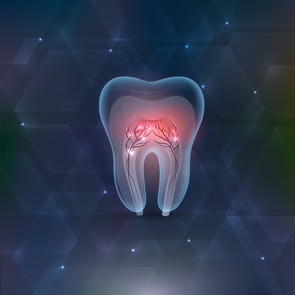 A digital illustration of a translucent tooth shows glowing red nerves inside, highlighting dental pain or nerve sensitivity, set against a dark, geometric, futuristic background.
