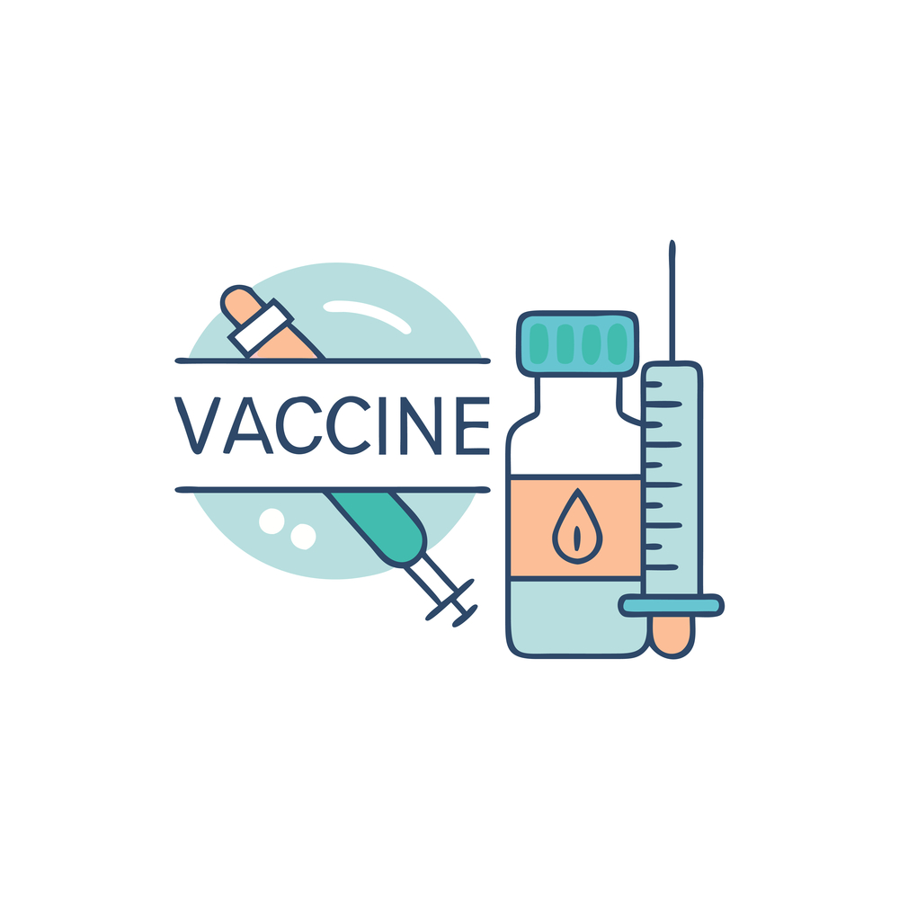Illustration of a vaccine vial and syringe next to the word “VACCINE” with a blue and orange color scheme on a white background. Illustration of a vaccine vial and syringe next to the word “VACCINE” with a blue and orange color scheme on a white background.